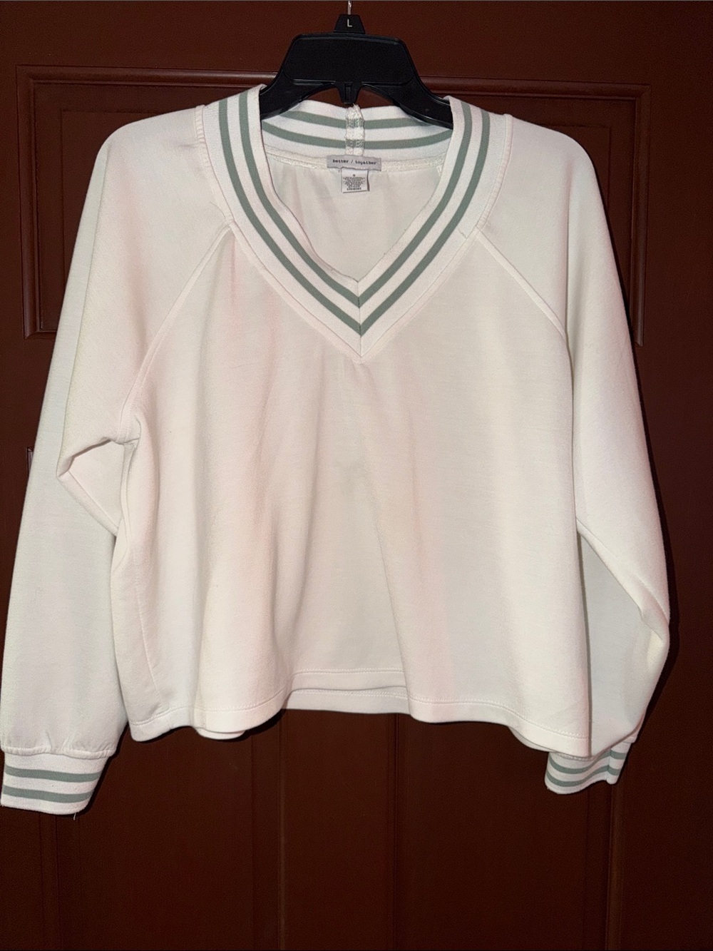 Women's Cream V-Neck Sweater with Green Stripe Trim